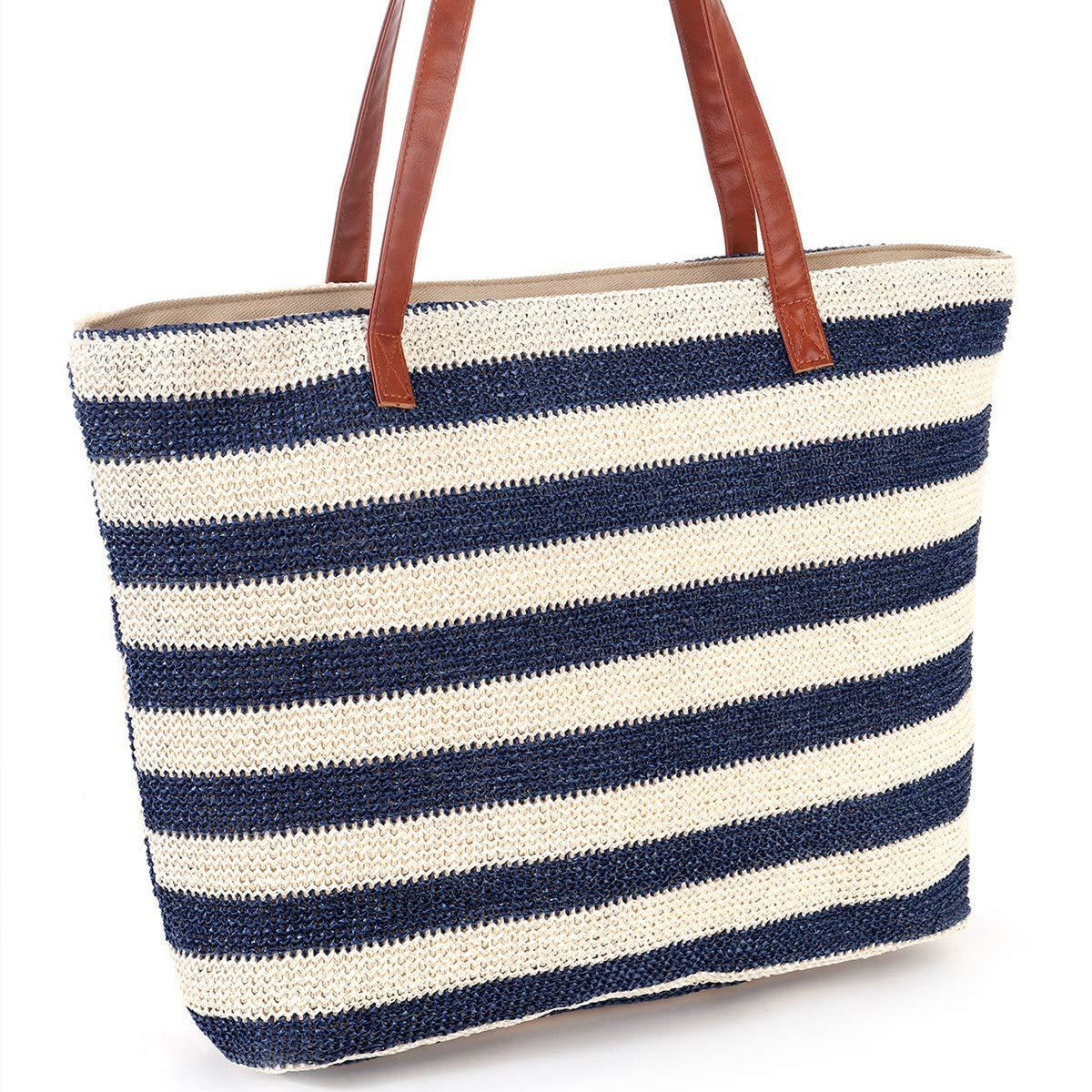 bags : Strandtas Zwarte Strepen - Populaire Stro in Blauwe strepen van Pantino