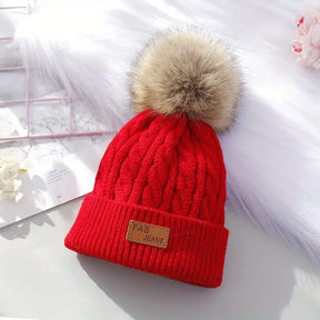 Pompom Beanie : Pompom Muts Dames Zwart - Gebreide Warme Winter - Acryl in Rood van Pantino