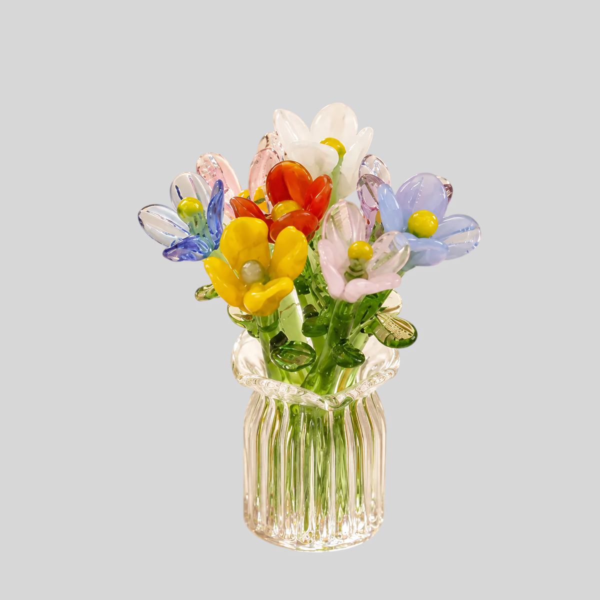 0 : Glazen Bloemenset Handgeblazen Decoratief Compact Onderhoudsvrij in 7 stuks Bloesem Set + Vaas van Inovessa