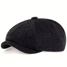 Flat Cap : Baret Heren Zwart - Retro Pet met Acht Stofpanden in Visgraattweed, Casual Gestreepte in Zwarte Wollen Stof van Pantino