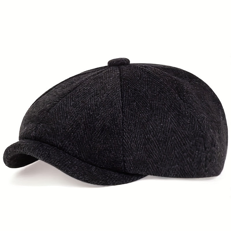 Flat Cap : Baret Heren Zwart - Retro Pet met Acht Stofpanden in Visgraattweed, Casual Gestreepte in Zwarte Wollen Stof van Pantino