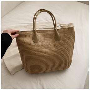 bags : Groene Geweven Strandtas met Handvatten - Perfect voor Zomer & Vakantie in Bruin 41x30x14cm van Pantino