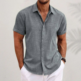 men's shirt : Heren Linnen Overhemd Korte Mouwen - Zomerse Stijl en Ademend in Grigio van Pantinoshop