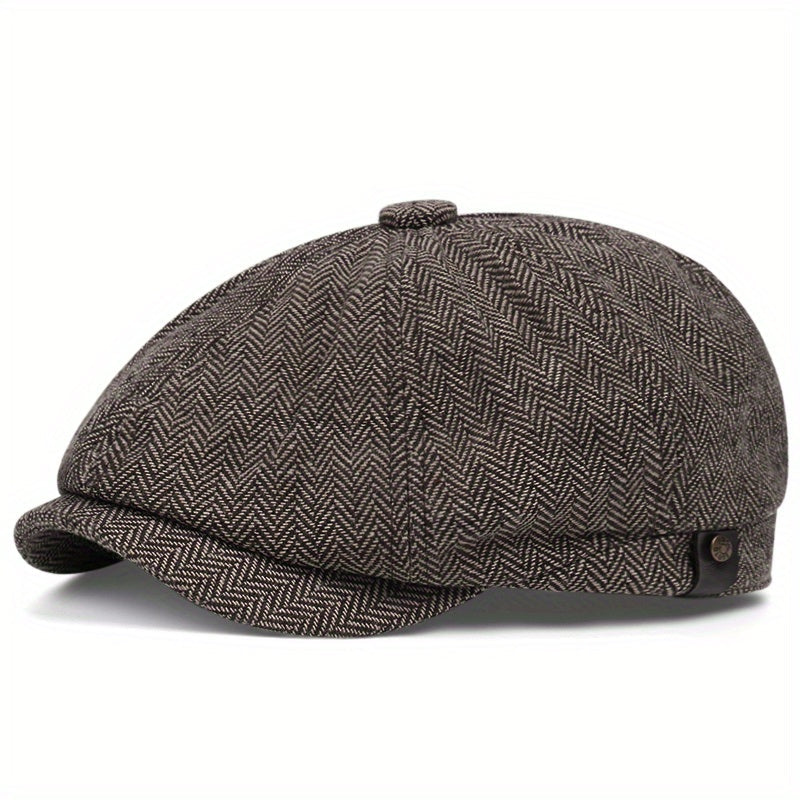 Flat Cap : Baret Heren Zwart - Retro Pet met Acht Stofpanden in Visgraattweed, Casual Gestreepte in Khaki van Pantino