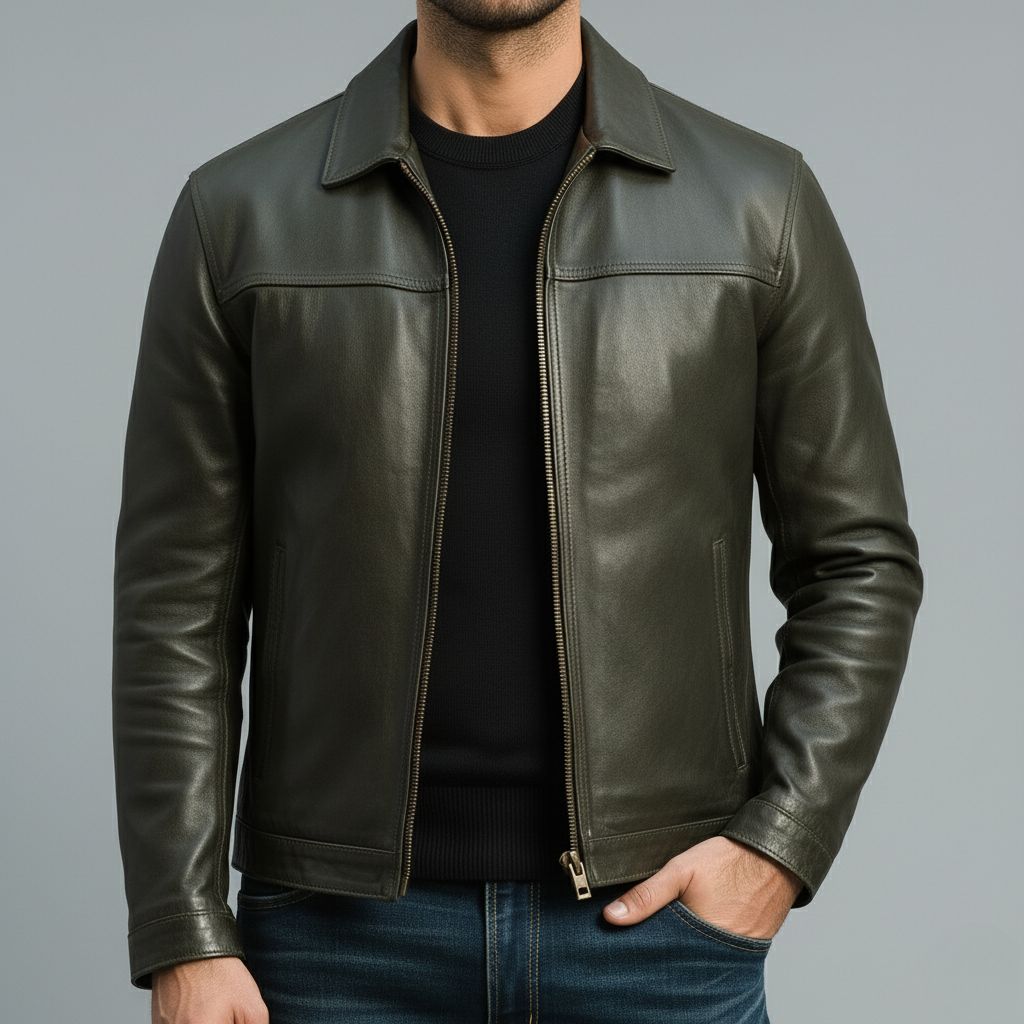 Leren jas : Heren Bikerjack Bruin Kunstleer - Zacht, Stoer & Comfortabel Casual Design in Donker olijfgroen van Pantino