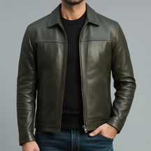 Leren jas : Heren Bikerjack Bruin Kunstleer - Zacht, Stoer & Comfortabel Casual Design in Donker olijfgroen van Pantino