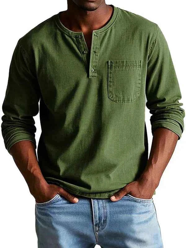 : Heren Henley shirt - Casual, lange mouw, comfortabel in Legergroen van Pantinoshop