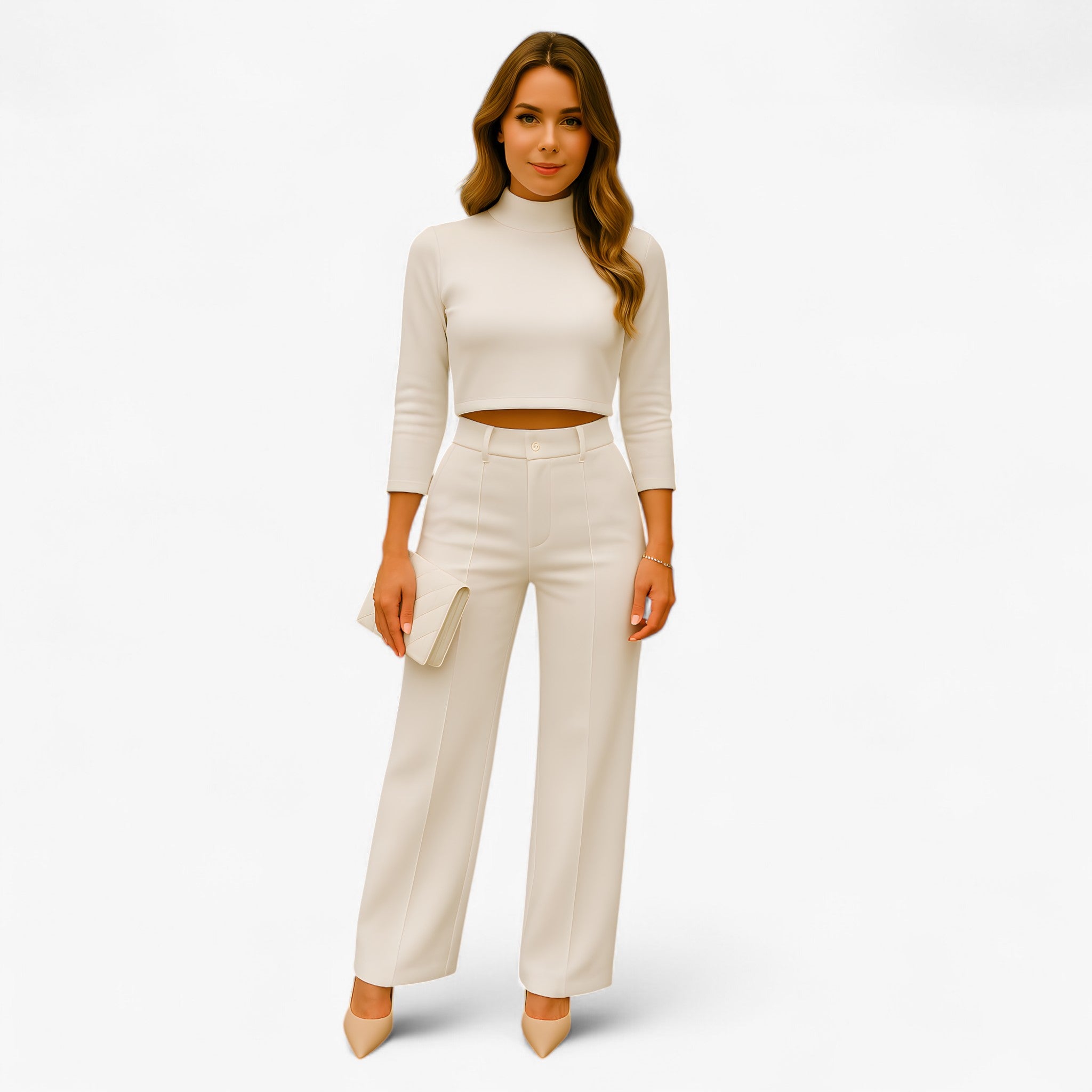 Two-Piece Set : Tweedelige Set - Elegantie en Comfort in Één Stijlvolle Look - Khaki in Wit van Pantino