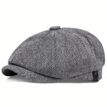 Flat Cap : Baret Heren Zwart - Retro Pet met Acht Stofpanden in Visgraattweed, Casual Gestreepte in Grijs 1 van Pantino