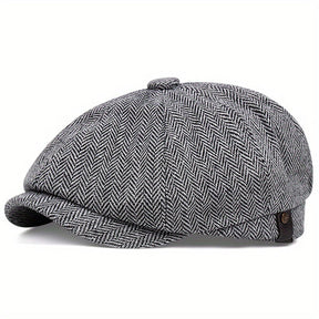 Flat Cap : Baret Heren Zwart - Retro Pet met Acht Stofpanden in Visgraattweed, Casual Gestreepte in Grijs 1 van Pantino