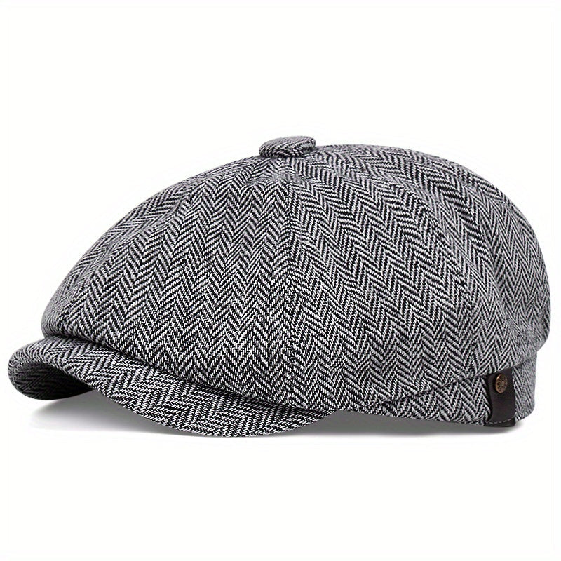 Flat Cap : Baret Heren Zwart - Retro Pet met Acht Stofpanden in Visgraattweed, Casual Gestreepte in Grijs 1 van Pantino