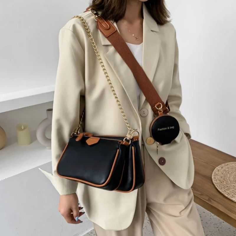 bags : Schoudertas Dames Beige - Chique Tweekleurig Kettingriem - Synthetisch Leer in Zwart van Pantino