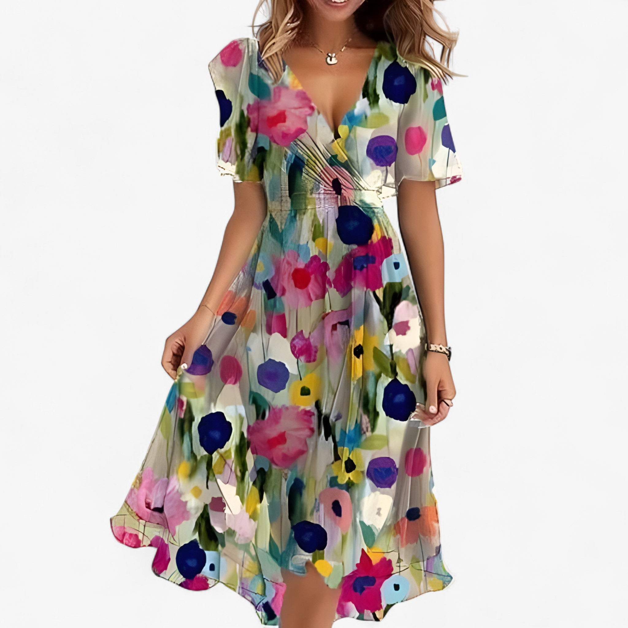 Midi Jurk Bloemen Neutraal van Imitatieleer voor Dames - Elegant, Veelzijdig