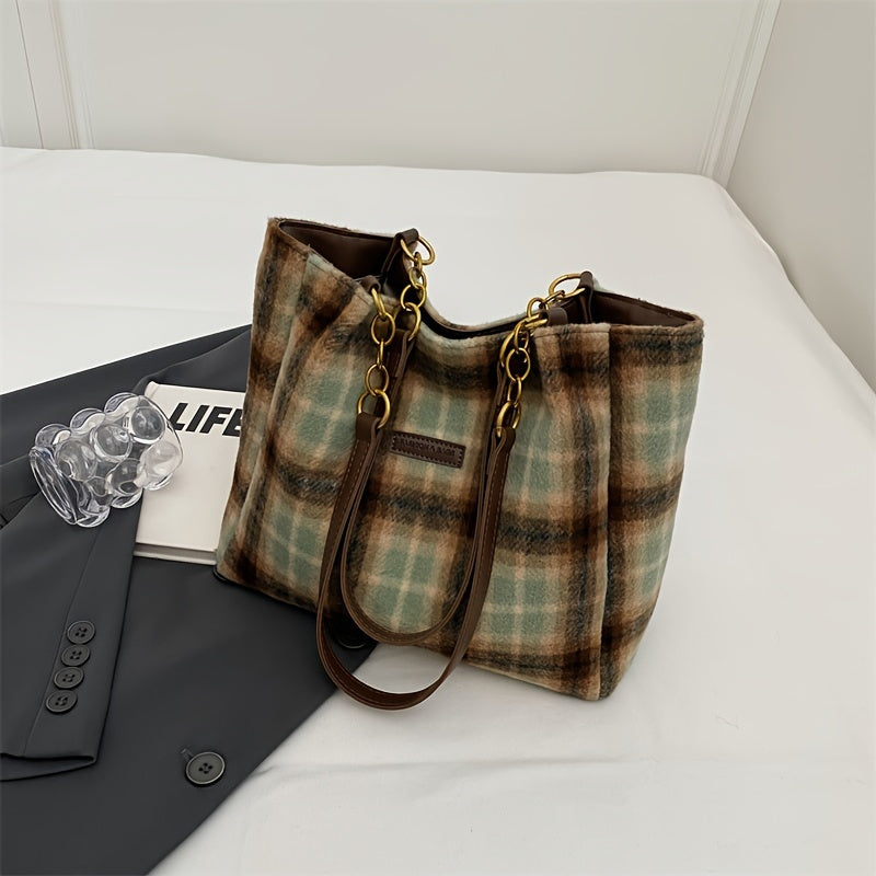 bags : S.f.y. - Modieuze Corduroy Kettingtas - Khaki in Geruite Groen van Pantino