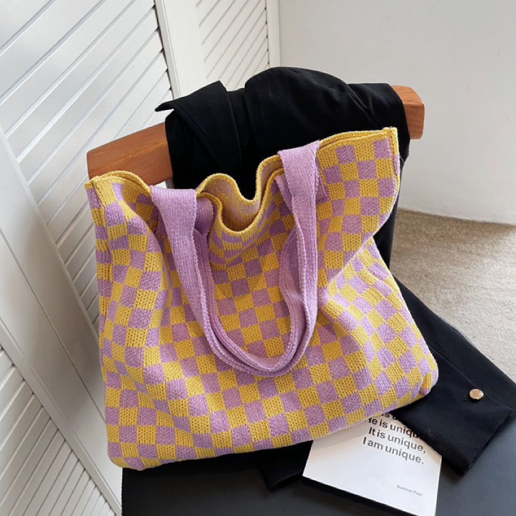 bags : Tote Bag Licht Groen-Wit - KnitTote - Gehaakte Shopper Tas in Lila-Gelb van Pantino
