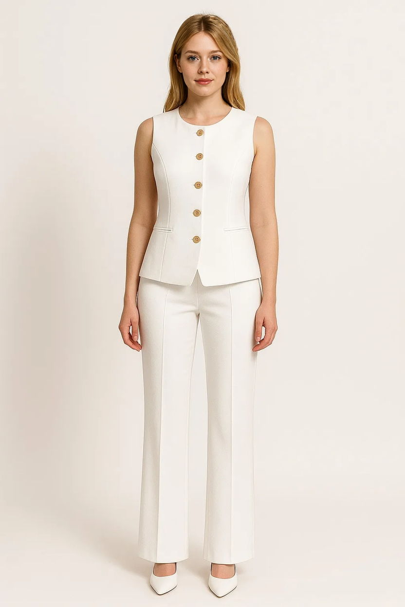 Elegante Dames Set van Wit Linnen met Broek en Blouse voor de Zomer