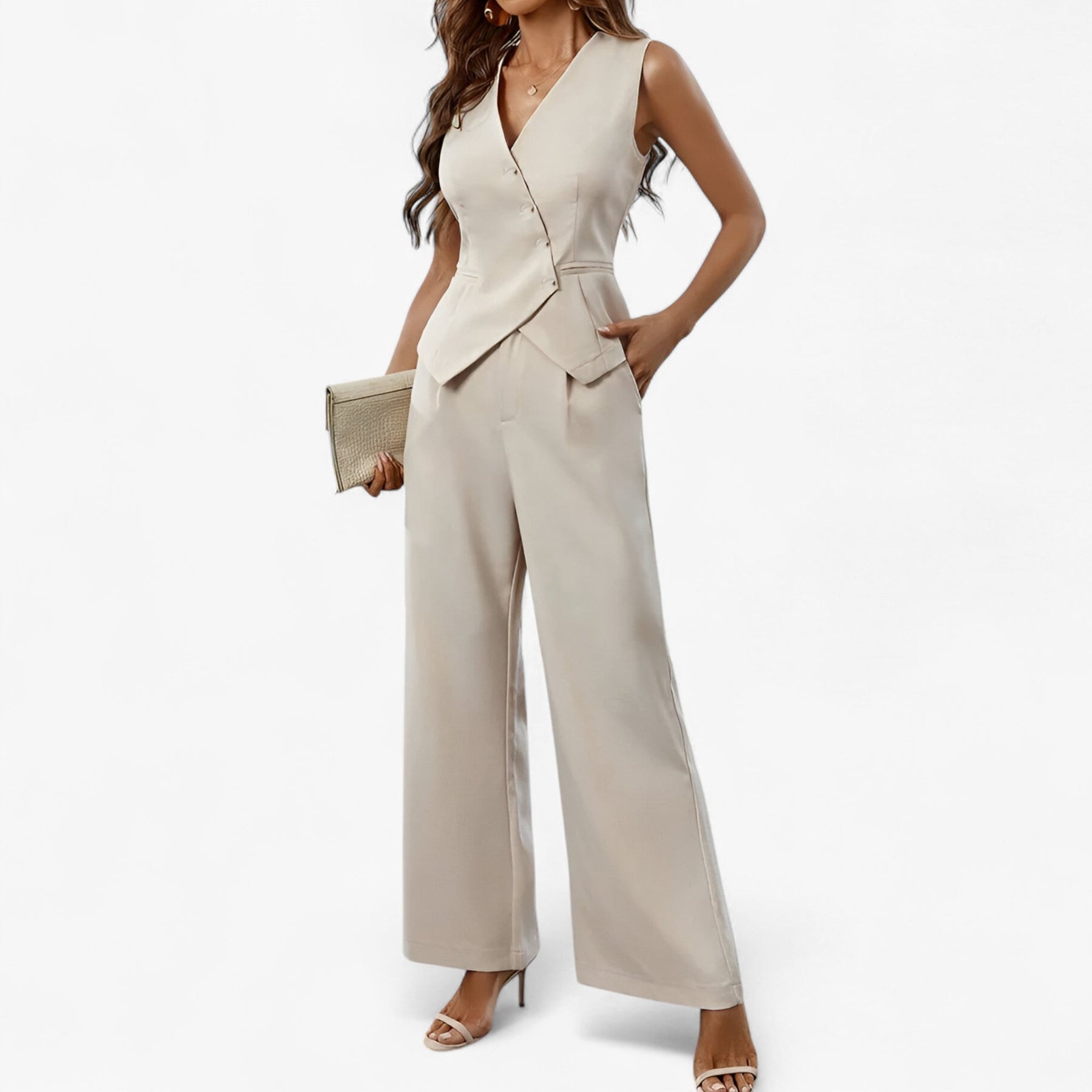 Women Outfit : Mouwloos Pak voor Moeiteloze Elegantie - Beige in van Pantino