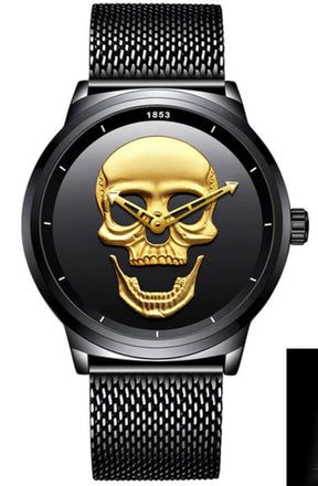 watches : Horloge Heren Zwart & Goud - Schedel Kant in Zwart & goud met mesh band van Pantino