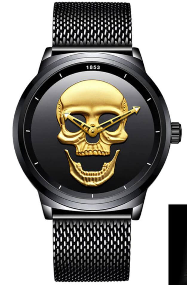 watches : Horloge Heren Zwart & Goud - Schedel Kant in Zwart & goud met mesh band van Pantino