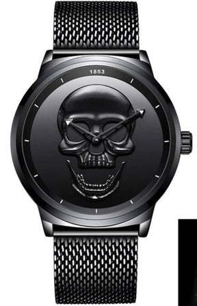 watches : Horloge Heren Zwart & Goud - Schedel Kant in Volledig zwart met mesh band van Pantino