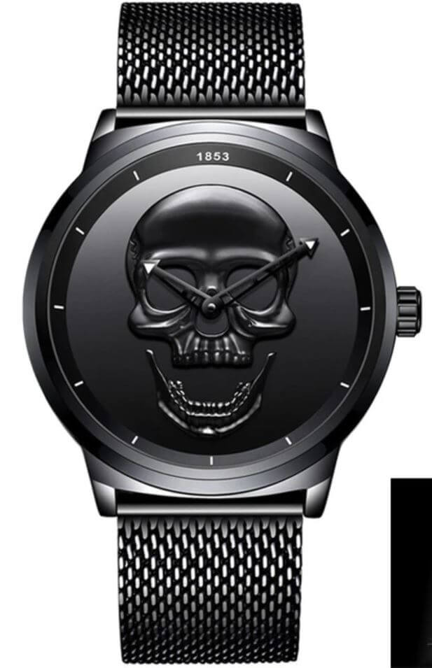 watches : Horloge Heren Zwart & Goud - Schedel Kant in Volledig zwart met mesh band van Pantino