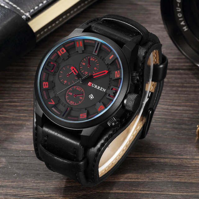 watches : Heren Horloge Chronograaf Bruin Leer - Klassiek Stijlvol Polshorloge met Datumweergave in Zwart Rood van Pantino