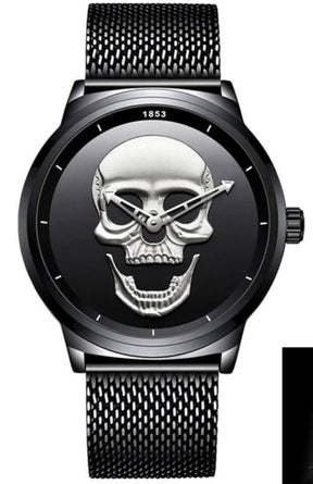 watches : Horloge Heren Zwart & Goud - Schedel Kant in Zwart & zilver met mesh band van Pantino