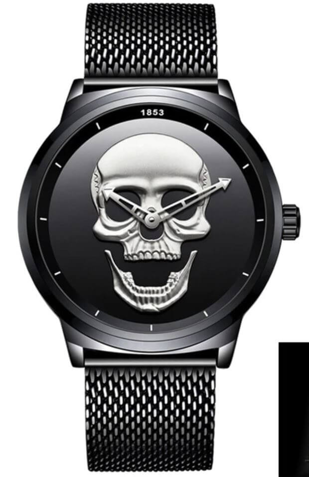 watches : Horloge Heren Zwart & Goud - Schedel Kant in Zwart & zilver met mesh band van Pantino