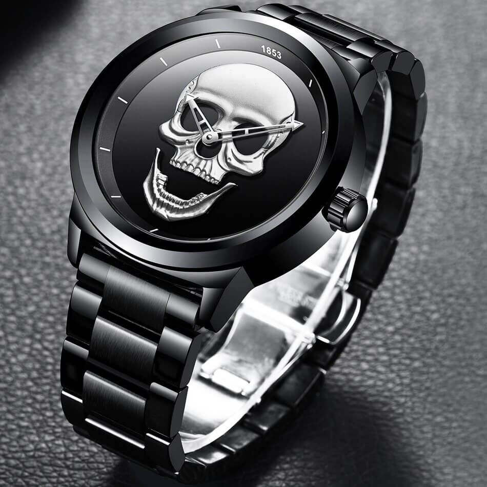 watches : Horloge Heren Zwart & Goud - Schedel Kant in Zwart & zilver van Pantino