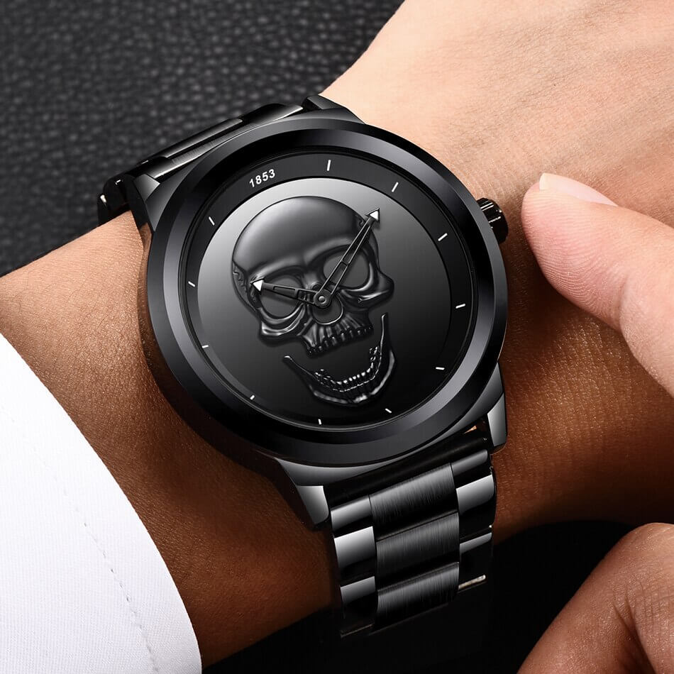 watches : Horloge Heren Zwart & Goud - Schedel Kant in van Pantino