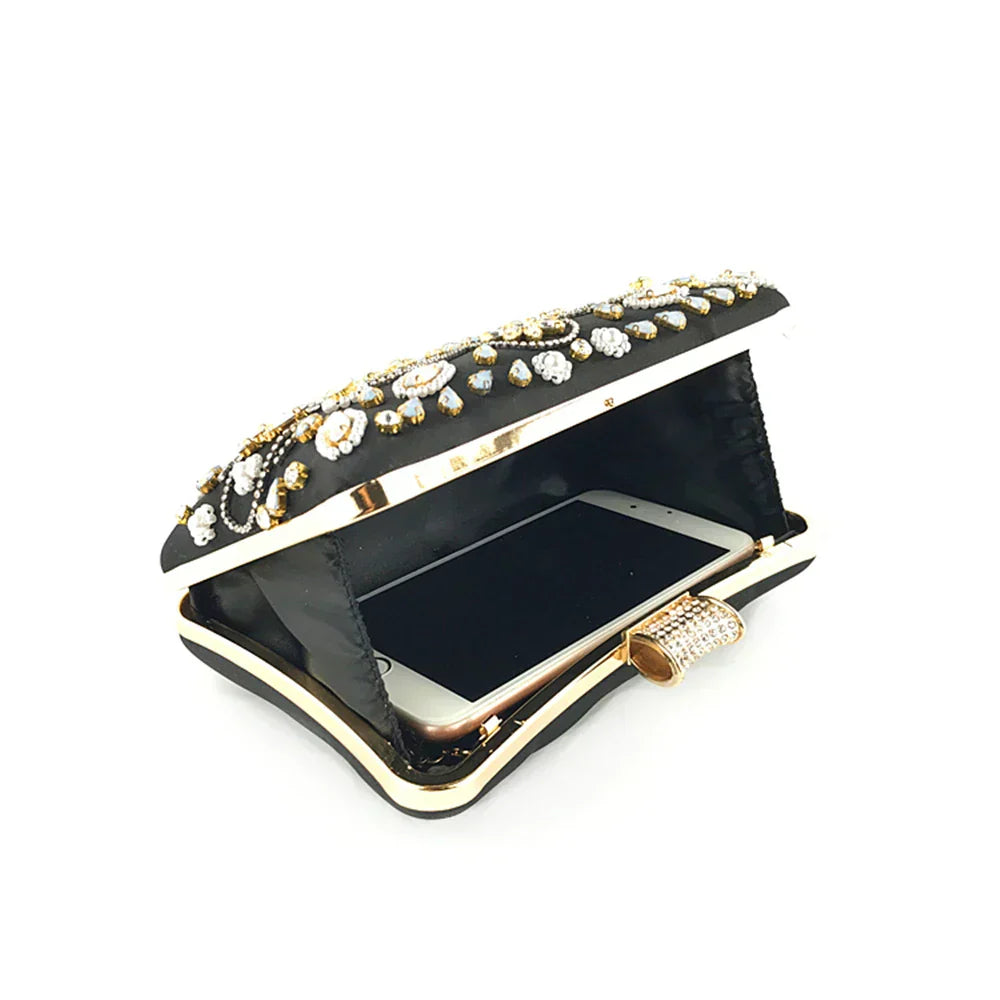 bags : Versierde Clutch met Bloemenparelversiering - Zwart in van Pantino