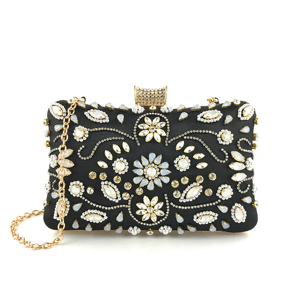 bags : Versierde Clutch met Bloemenparelversiering - Zwart in van Pantino