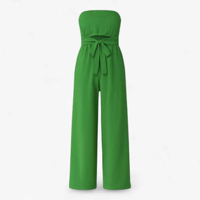 Jumpsuit : Strapless Wijde Zomerjumpsuit - Beige in Olijfgroen van Pantino