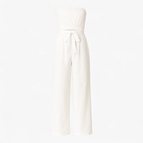 Jumpsuit : Strapless Wijde Zomerjumpsuit - Beige in Wit van Pantino