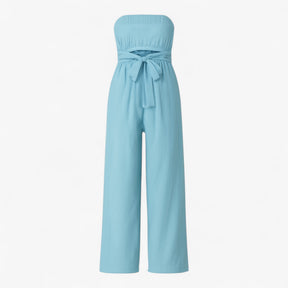 Jumpsuit : Strapless Wijde Zomerjumpsuit - Beige in Lichtblauw van Pantino