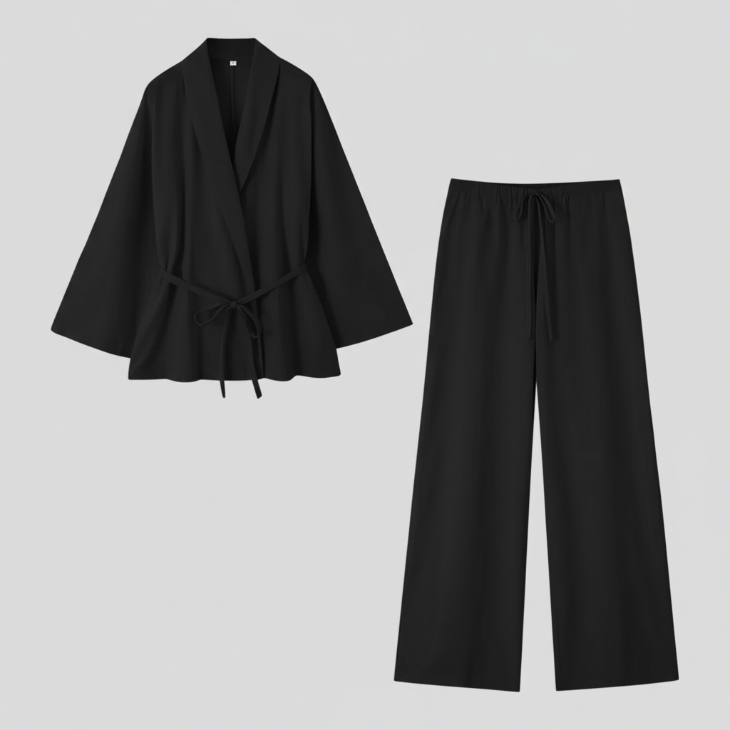 Outfit Sets : Kimono Elegante in Lino da Donna con Cintura - Perfetto per Estate e Primavera in Nero van Pantino