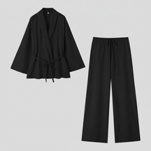 Outfit Sets : Kimono Elegante in Lino da Donna con Cintura - Perfetto per Estate e Primavera in Nero van Pantino