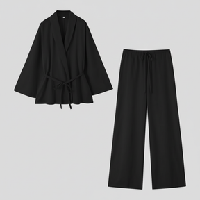Outfit Sets : Kimono Elegante in Lino da Donna con Cintura - Perfetto per Estate e Primavera in Nero van Pantino