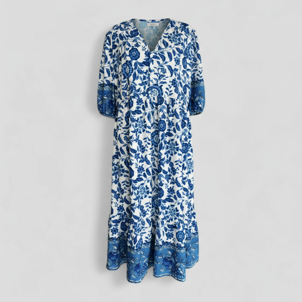 Women Set : Zomerjurk Dames Blauw - Elegante met Bloemenprint in Blauw van Pantino