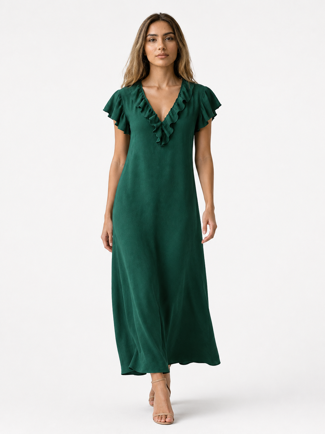 Dames Jurken : Boho Dames Maxi Jurk – Losvallende Jurk met V-hals, Zakken en Korte Mouwen in Olijfgroen van Pantinoshop