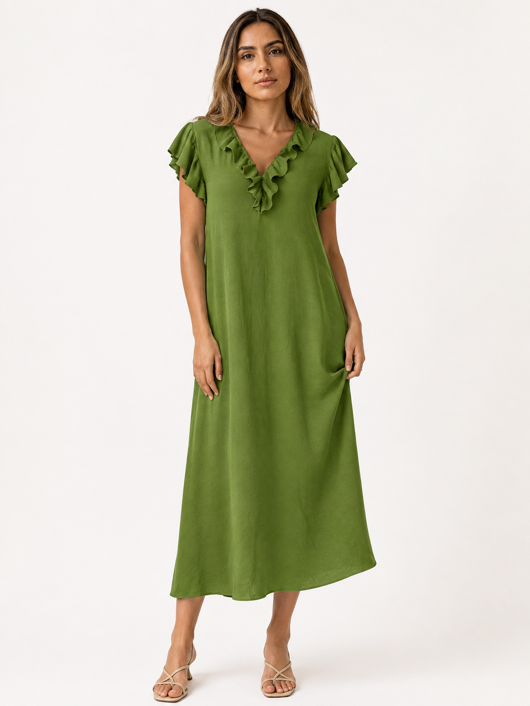 Dames Jurken : Boho Dames Maxi Jurk – Losvallende Jurk met V-hals, Zakken en Korte Mouwen in Groen van Pantinoshop