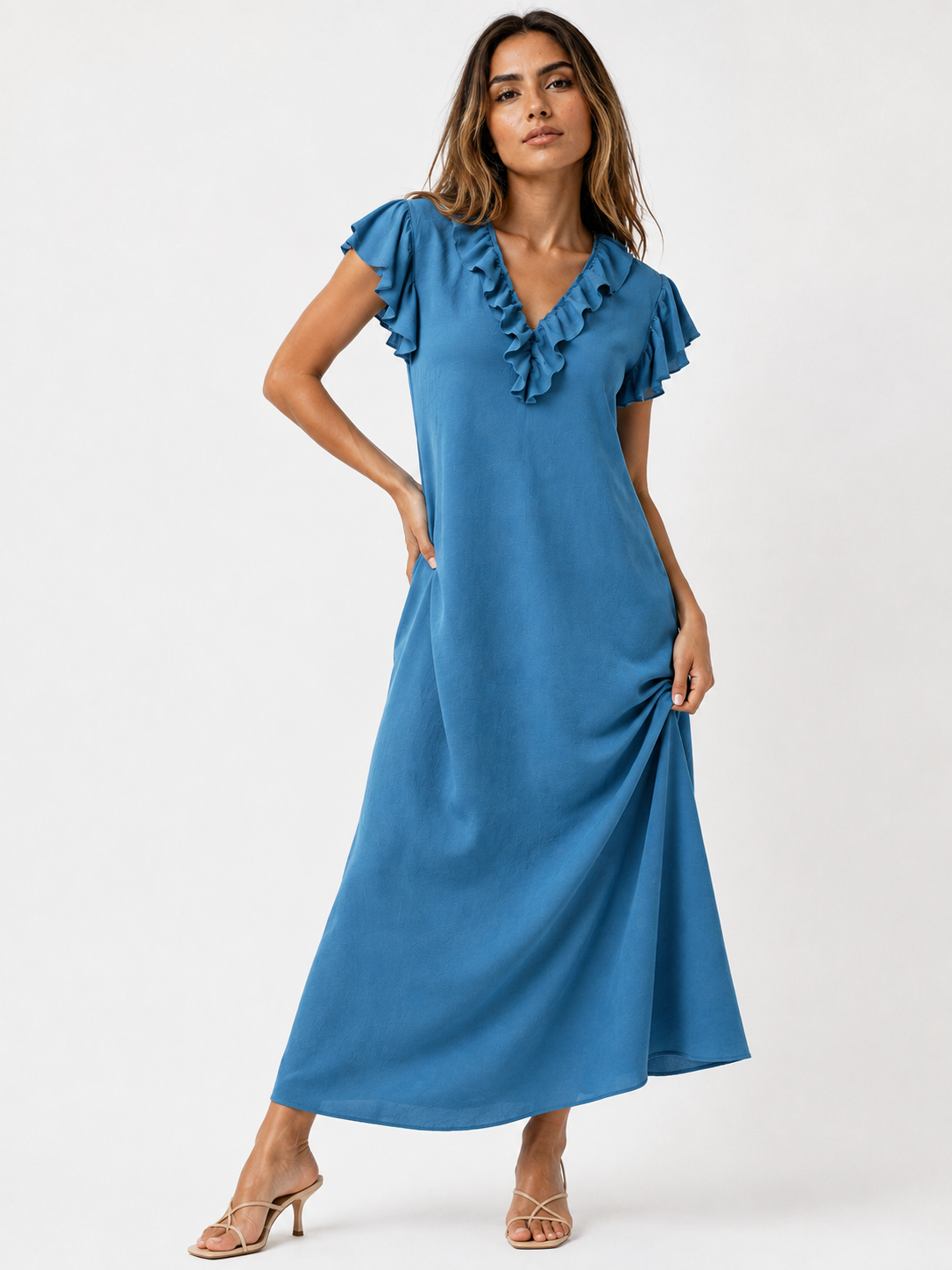 Dames Jurken : Boho Dames Maxi Jurk – Losvallende Jurk met V-hals, Zakken en Korte Mouwen in Blauw van Pantinoshop