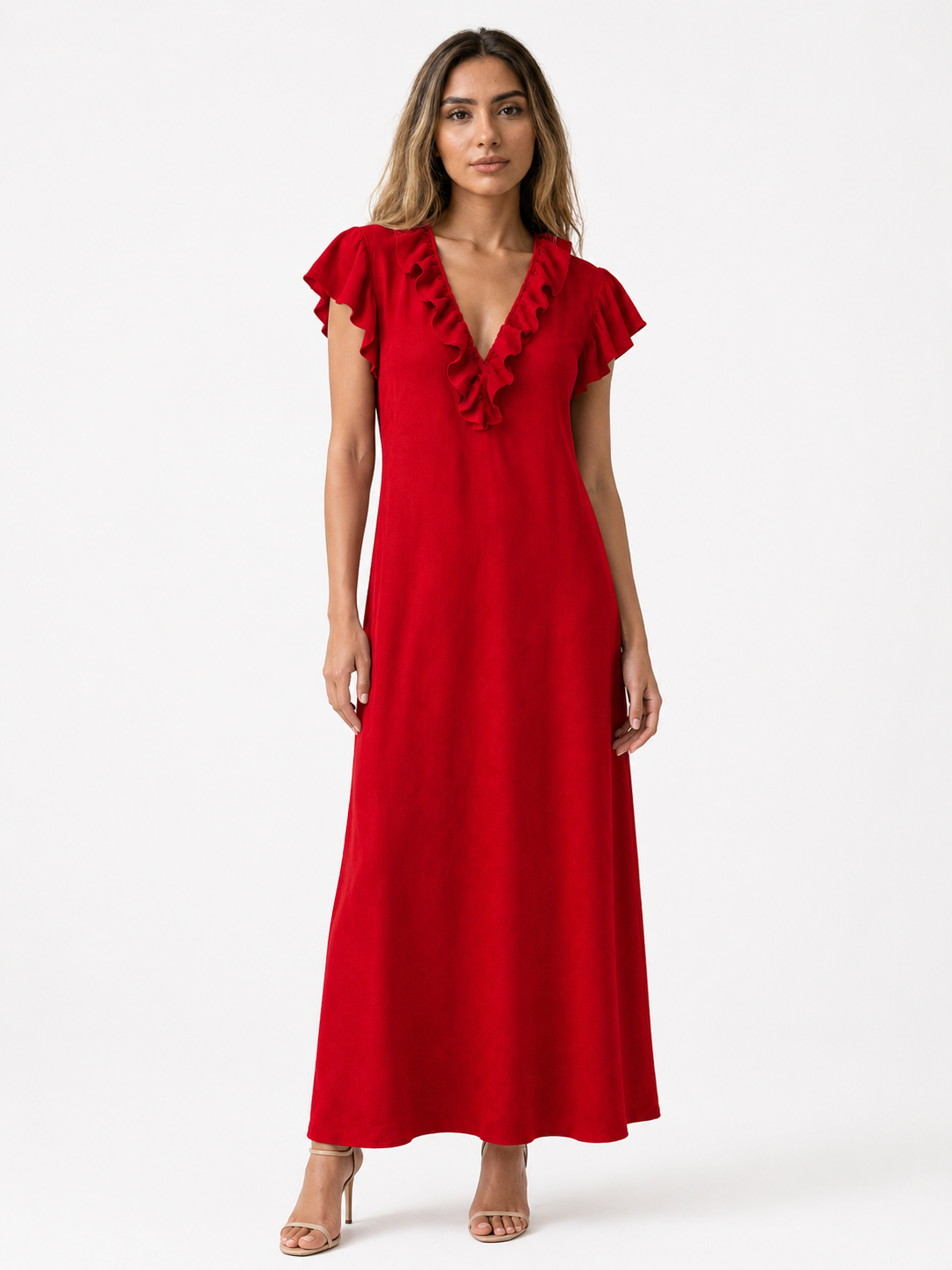 Dames Jurken : Boho Dames Maxi Jurk – Losvallende Jurk met V-hals, Zakken en Korte Mouwen in Rood van Pantinoshop
