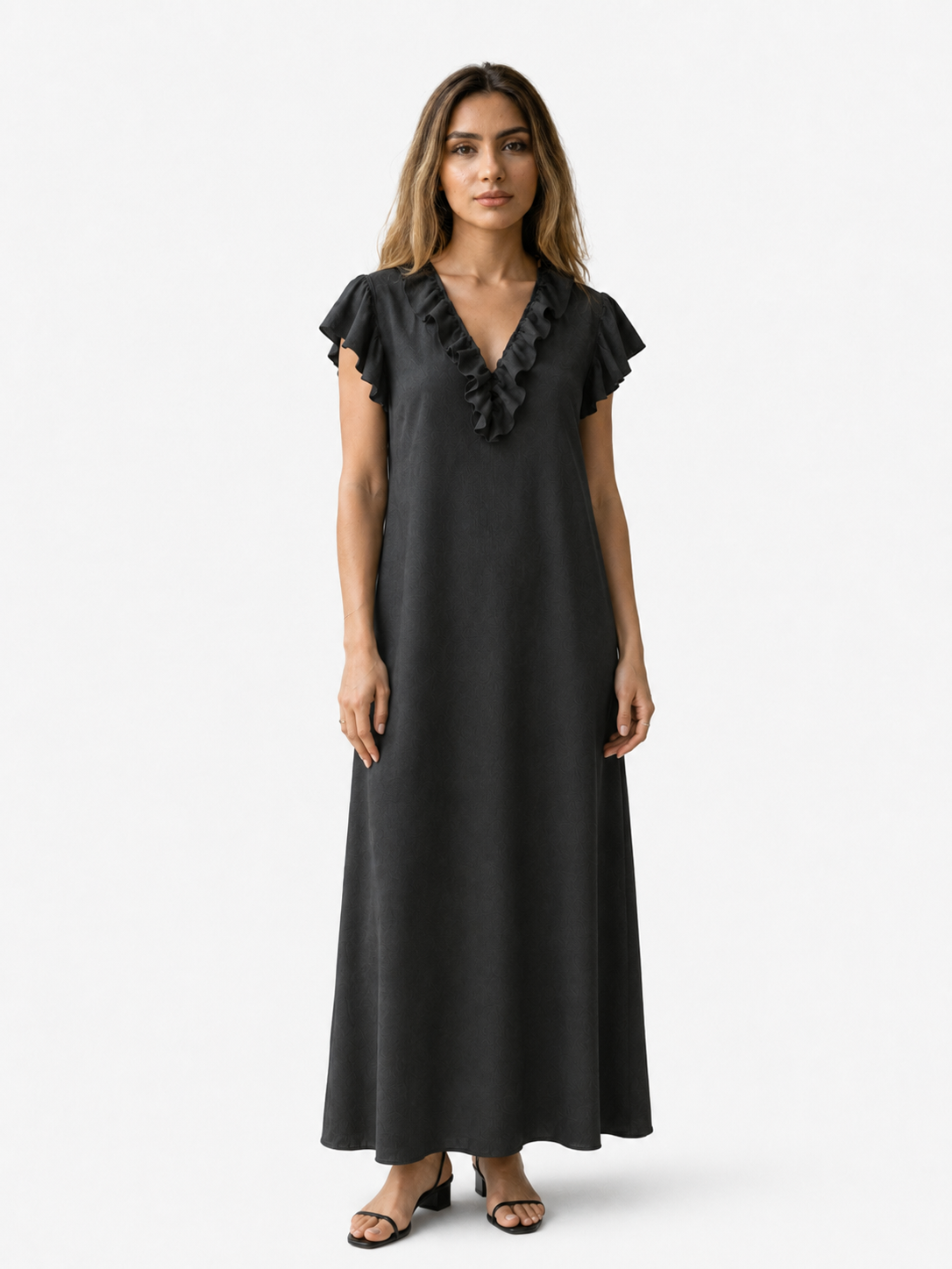 Dames Jurken : Boho Dames Maxi Jurk – Losvallende Jurk met V-hals, Zakken en Korte Mouwen in Zwart van Pantinoshop