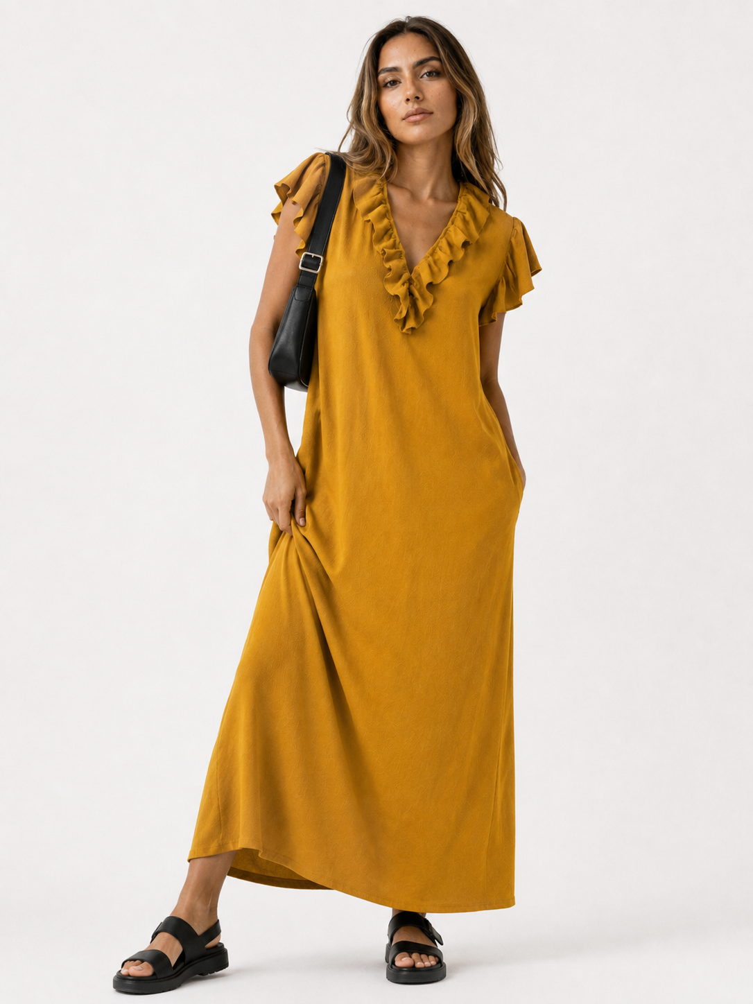 Dames Jurken : Boho Dames Maxi Jurk – Losvallende Jurk met V-hals, Zakken en Korte Mouwen in Geel van Pantinoshop