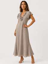 Boho Dames Maxi Jurk – Losvallende Jurk met V-hals, Zakken en Korte Mouwen
