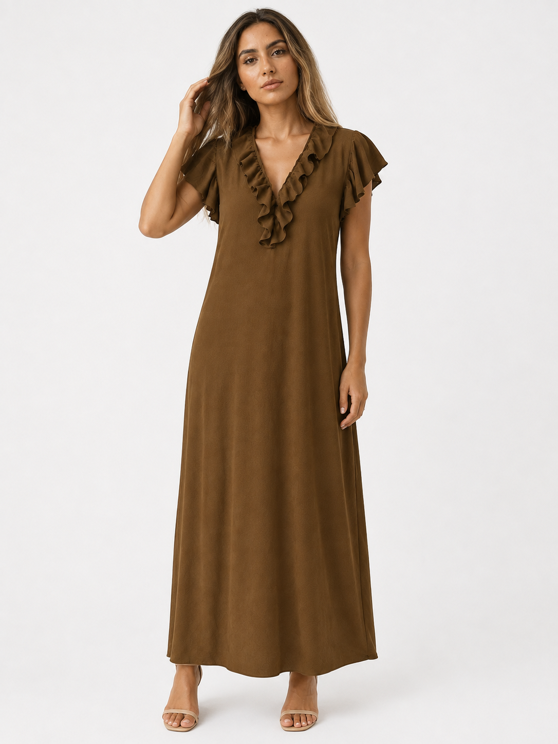 Dames Jurken : Boho Dames Maxi Jurk – Losvallende Jurk met V-hals, Zakken en Korte Mouwen in Donkerbruin van Pantinoshop