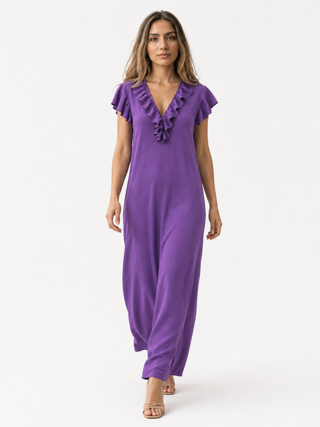 Dames Jurken : Boho Dames Maxi Jurk – Losvallende Jurk met V-hals, Zakken en Korte Mouwen in Paars van Pantinoshop