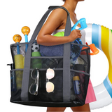 Black Beach Bag with 8 Pockets - Towel and Toy Storage - Nylon