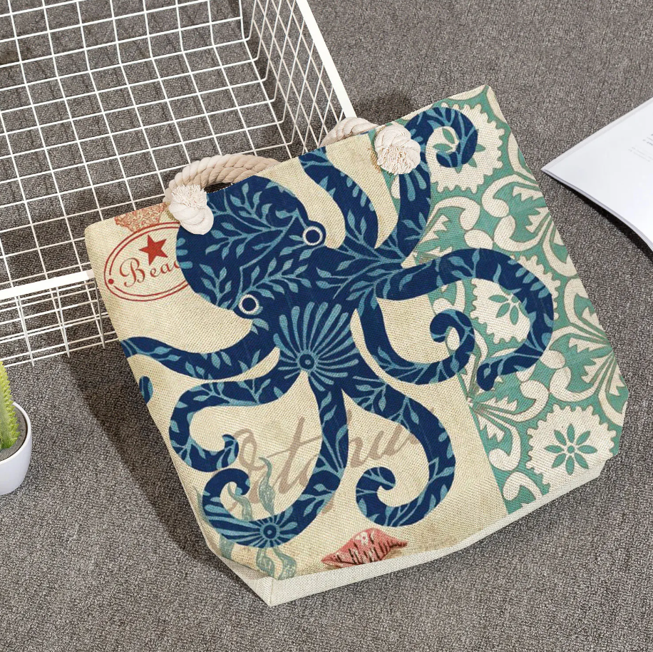 bags : Linnen Strandtas Dames - Schoudertas Dik Touw - Linnen in Octopus van Pantino